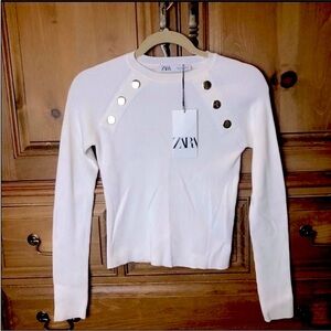 Zara white ribbed fitted crew neck sweater top